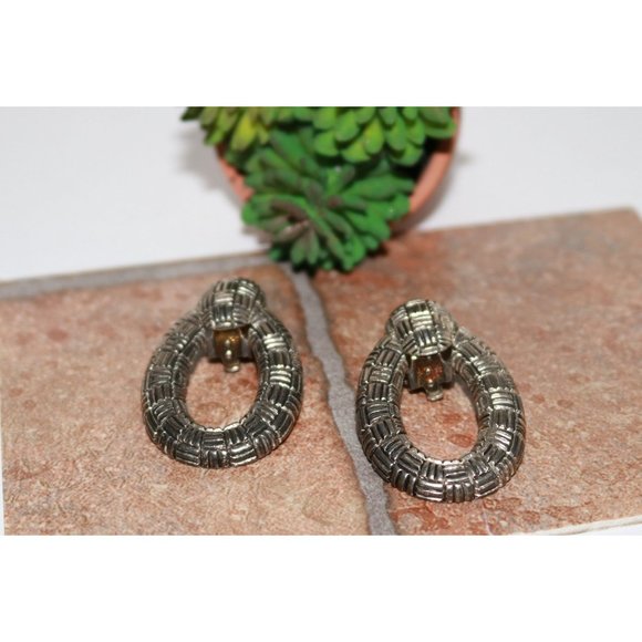 Textured Gunmetal Hoop Medallion Clip-on Earrings - Picture 6 of 6